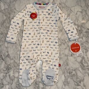 NWT Magnetic Me Organic Cotton Sky Blue and Beige Airplane Baby Footie 0/3M